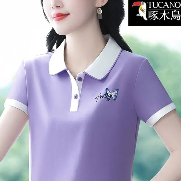 啄木鸟新款夏季翻领拼色短袖上衣2025年洋气设计感显瘦印花T恤女