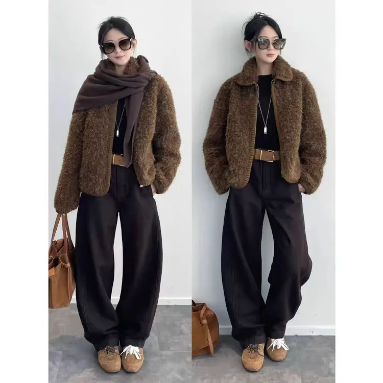 【绒绒奶芙】软糯奶乎乎 毛绒绒慵懒感拉链短款毛毛夹克厚外套2665