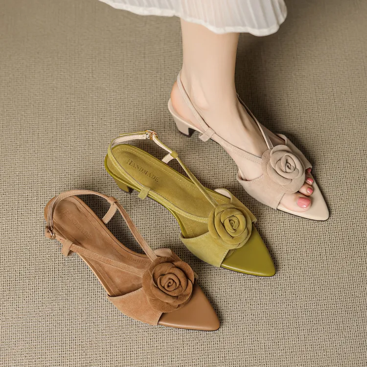跟高4.5厘米/羊猄皮/磨砂羊皮中跟尖头法式露趾仙女风时装凉鞋女