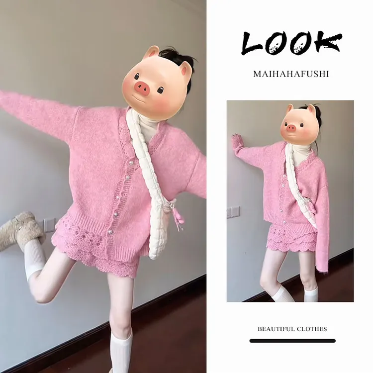 秋季温柔系穿搭女2026新款韩版甜美减龄针织开衫显瘦短裙两件套装