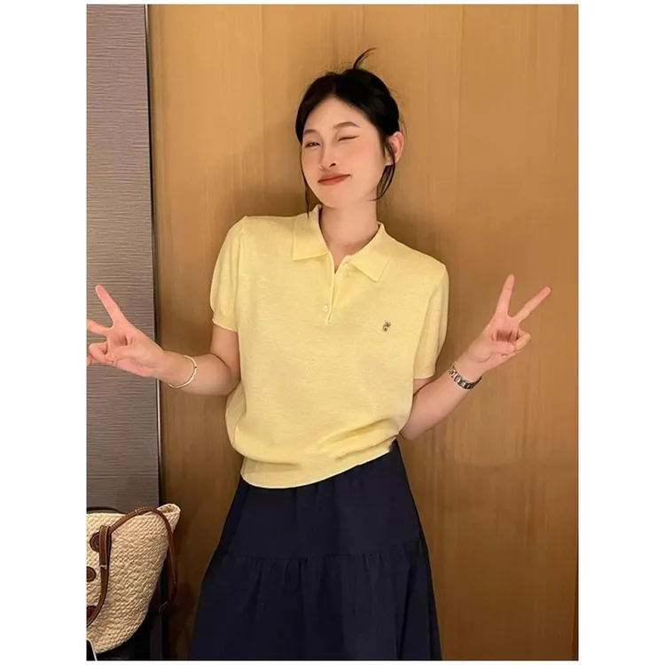 独特超黄色Polo领新款针织衫v领短袖t恤女夏季小个子短款正肩上衣