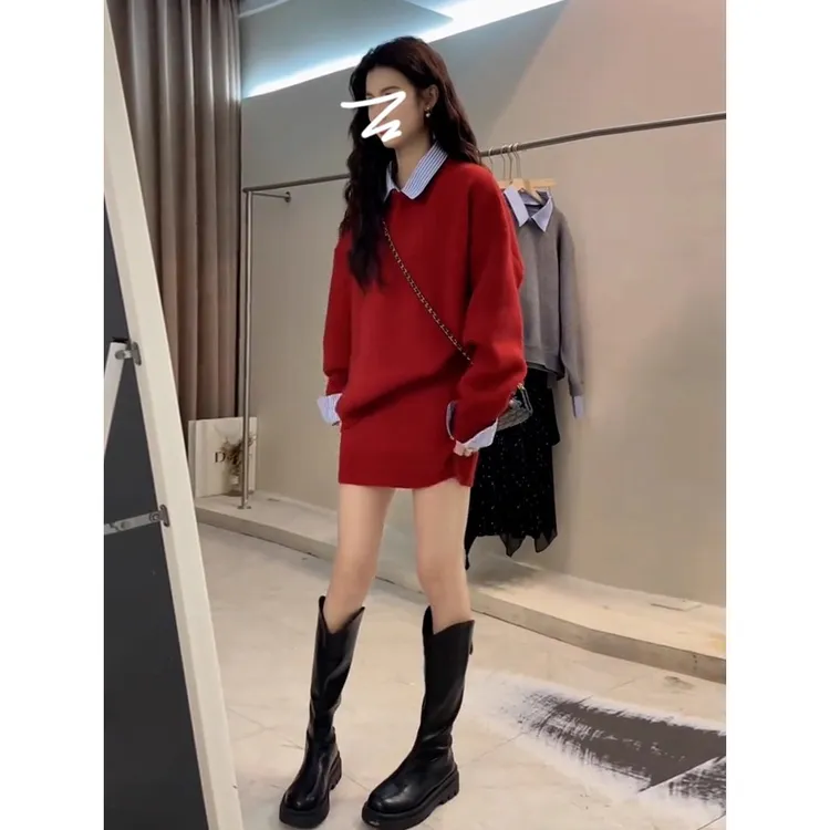 2025新款高级感穿搭配灰色针织连衣裙子女早秋季内搭毛衣套装短裙