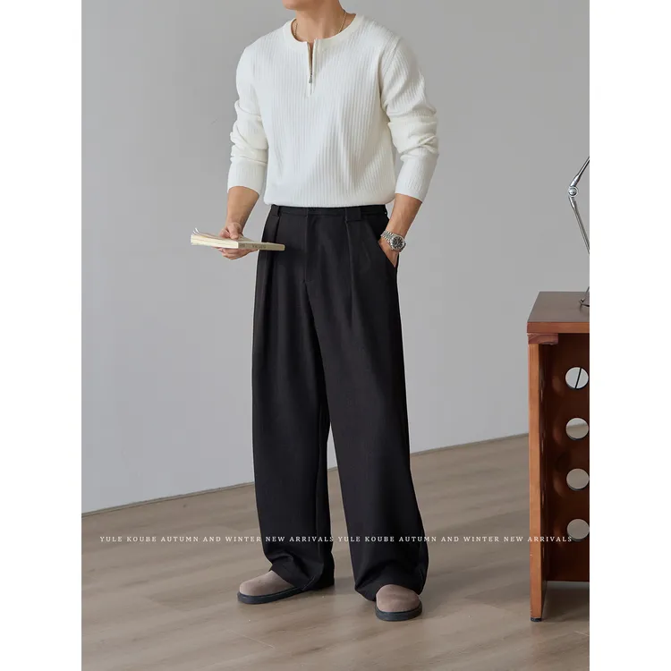 Koube 秋冬宽松阔腿直通黑色西裤男垂感免打理通勤高级感休闲长裤