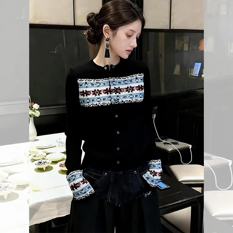 独特漂亮黑色小衫费尔岛提花毛衣内搭针织开衫洋气高贵上衣女秋冬