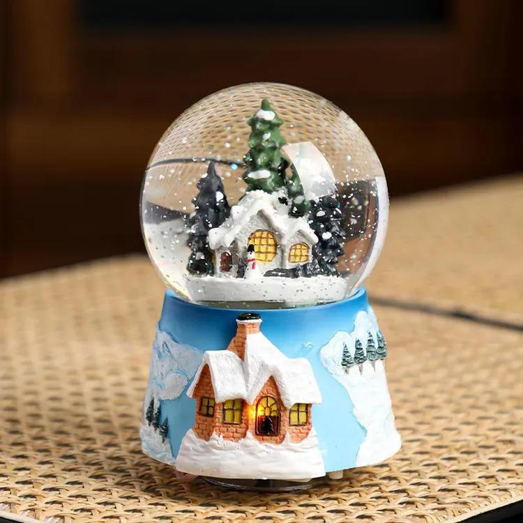 可旋转雪景下雪水晶球音乐盒八音盒送男生女孩儿童耶诞节摆件礼物