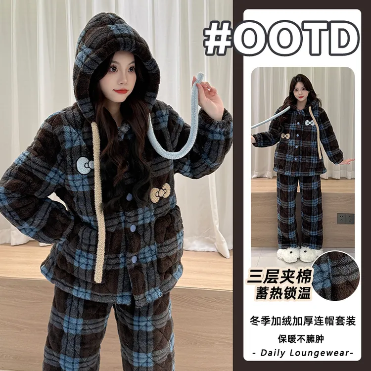 2025年冬季爆款加绒加厚三层夹棉保暖连帽长袖长裤睡衣家居服套装