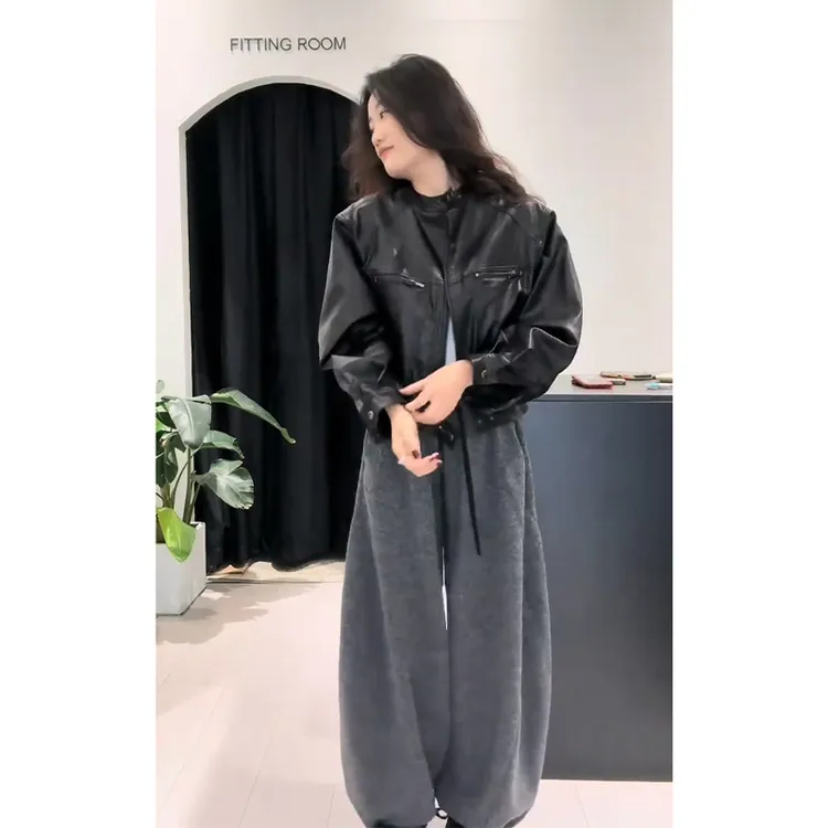 2025秋季新款韩系穿搭百搭宽松长袖皮衣外套气质高腰显瘦阔腿长裤