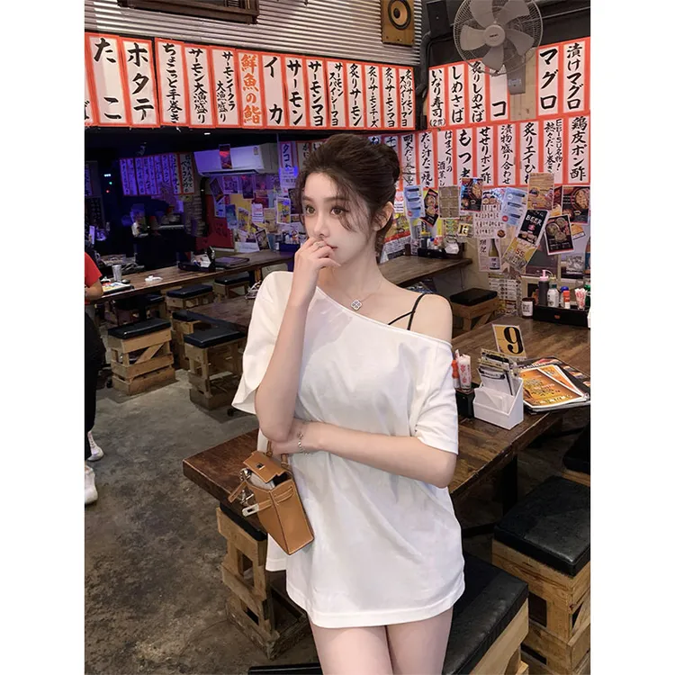 【日常私服T】磨毛感雪花针织不对称斜肩宽松短袖T女2025夏季新款