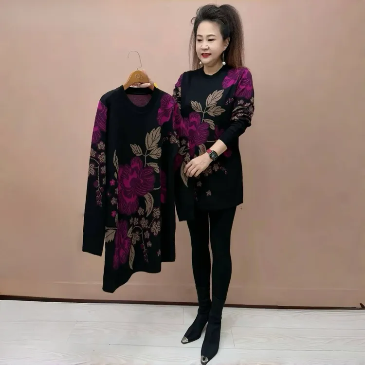 6938秋冬高端中年妈妈洋气针织大版衫宽松遮肚子中长款打底毛衣裙