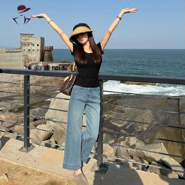 异径莱赛尔气质直筒牛仔裤女夏季薄款2025新款小个子休闲 九分阔