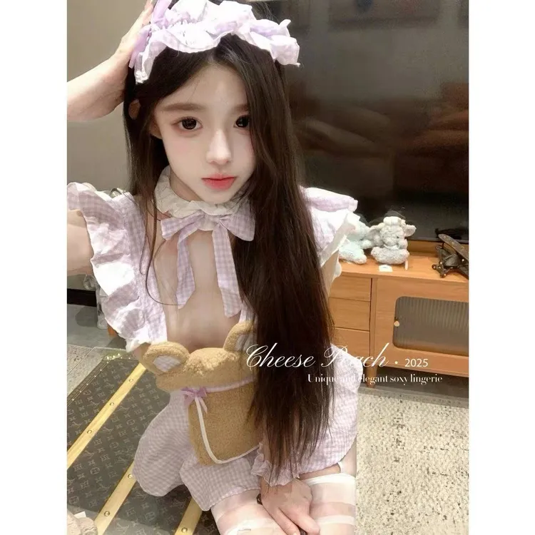 花之浔【甜蜜小熊】甜美风睡裙可爱小熊围裙吊带套装格子睡裙睡衣