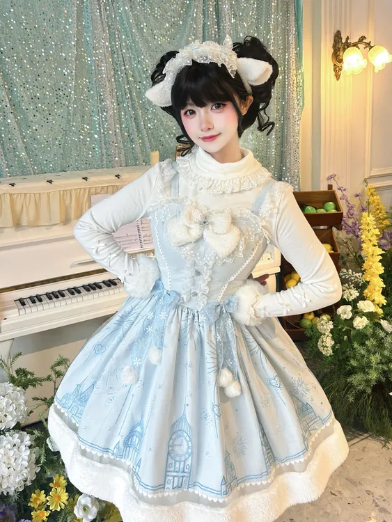 织锦园Lolita原创雪花城堡JSK 冬季洛丽塔可爱连衣裙超萌毛绒lo裙