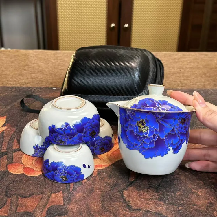 LH71-遇热变色牡丹旅行茶具一壶四杯陶瓷
