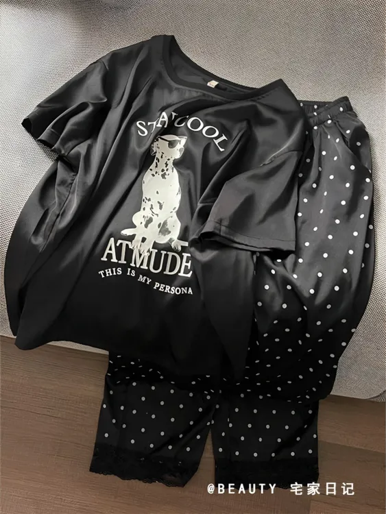 【卡通小狗】冰丝睡衣女款2025新款波点短袖长裤套装大码家居服外穿