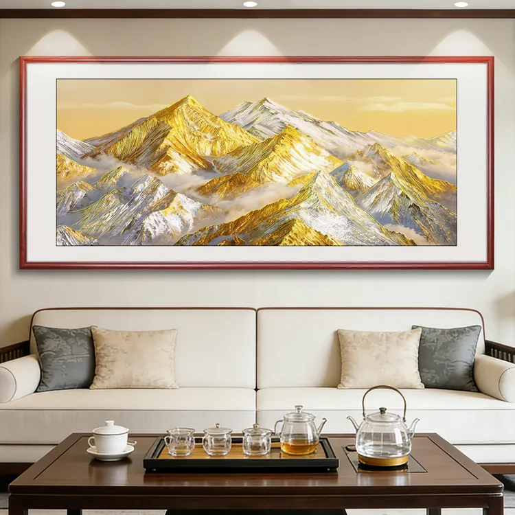浮雕描金日照金山1装饰画新中式山水画客厅背景墙挂画办公室挂画