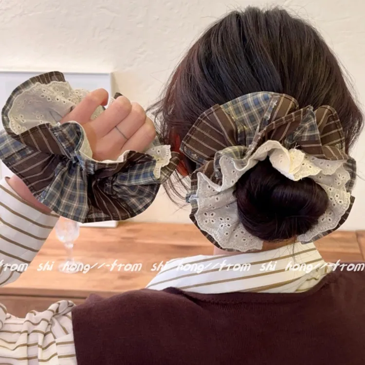 韩系少女格纹蕾丝大肠发圈布艺百搭皮筋发绳复古学院风头绳发饰女