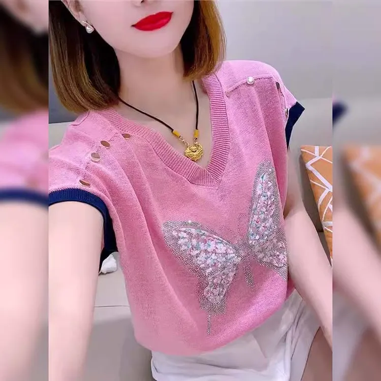 洋气减龄薄款冰丝上衣女款2025新款休闲蝴蝶宽松小个子针织短袖潮