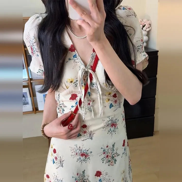 2838碎花褶皱夏季长裙甜美法式连衣裙旗袍修身网红短款设计感印花