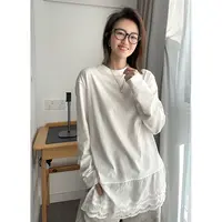 设计感蕾丝花边棉T恤女中长款长袖白色内搭打底衫--LWS8010