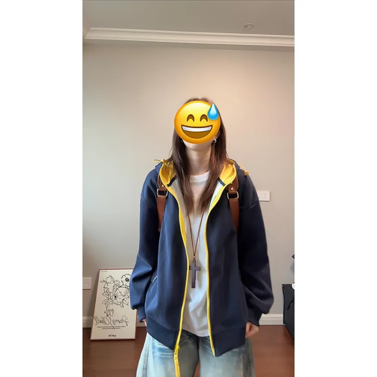 cleanfit美式复古慵懒风拼接撞色卫衣外套男款春季连帽开衫情侣装商品图