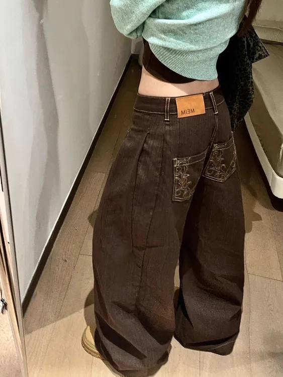 BINXLAN绣花美拉德复古棕色裤子女秋冬弯刀直筒宽松阔腿牛仔裤