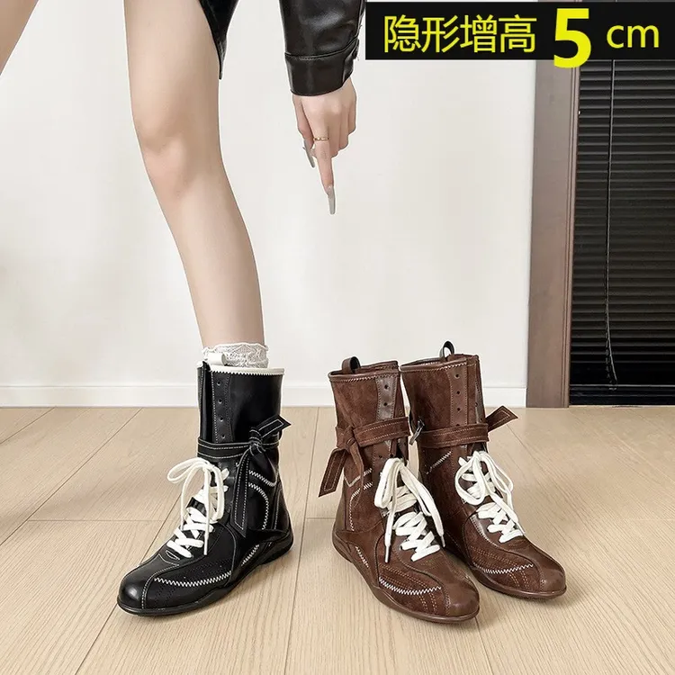 5cm内增高小个子2025春秋复古英伦风马丁靴女春秋拳击靴磨砂皮鞋