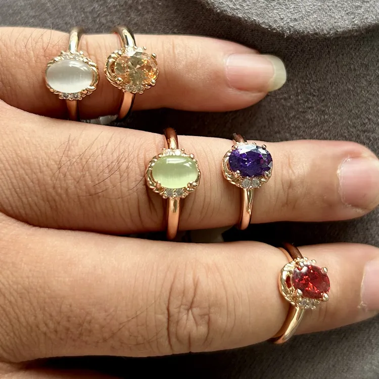 锌合金锆石戒指 时尚精致锆石戒指金色仿真百搭手饰气质古风设计