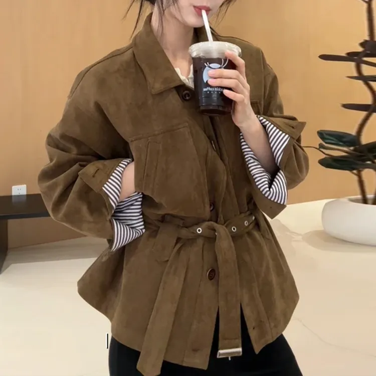 2025秋季新休闲复古质感绒皮做旧排扣腰带收腰气质外套女士上衣