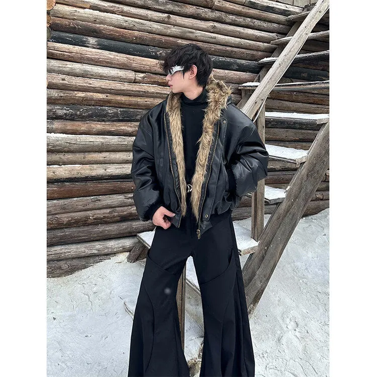 派克服大衣加绒棉服连帽韩版小众设计高级感仿穿皮衣外套廓形男士