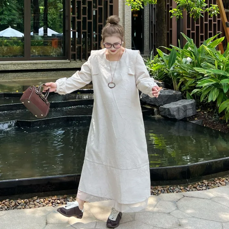 媛子大码肌理感长袖连衣裙宽松气质拼接极简纯色秋季新款胖mm女装