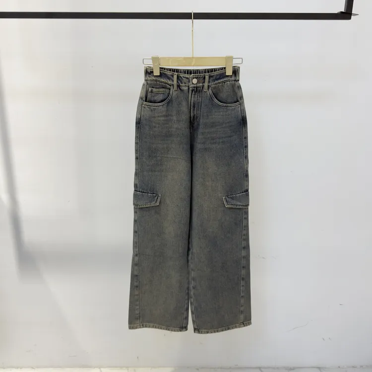 【麦丝】复古水洗高腰松紧腰直筒显瘦极简风工装牛仔裤 YL-808332