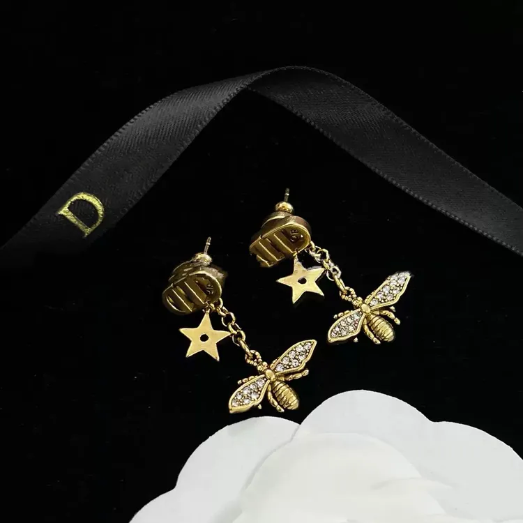 黄铜耳饰 迪家精致CD字母耳钉星星蜜蜂耳环复古做旧黄铜925银针