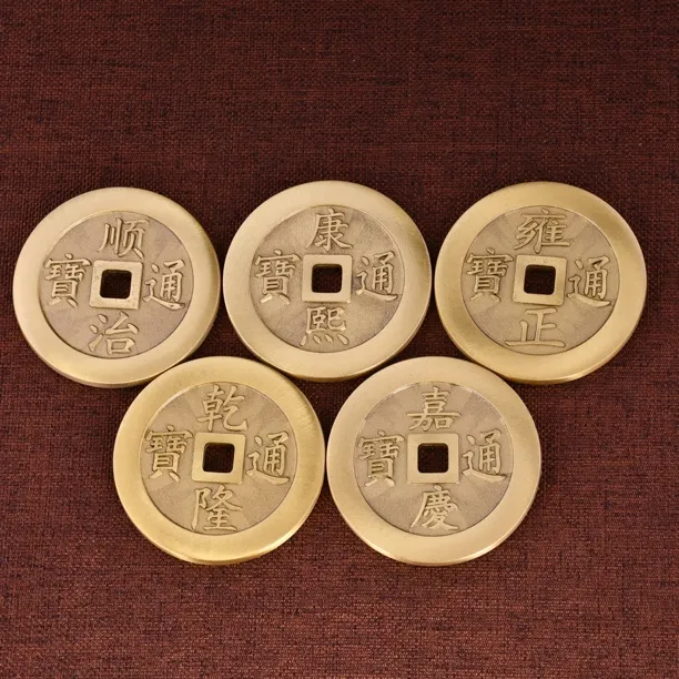 纯黄铜大号铜镇库五帝钱组合装套装仿古压门槛专用装饰品摆件