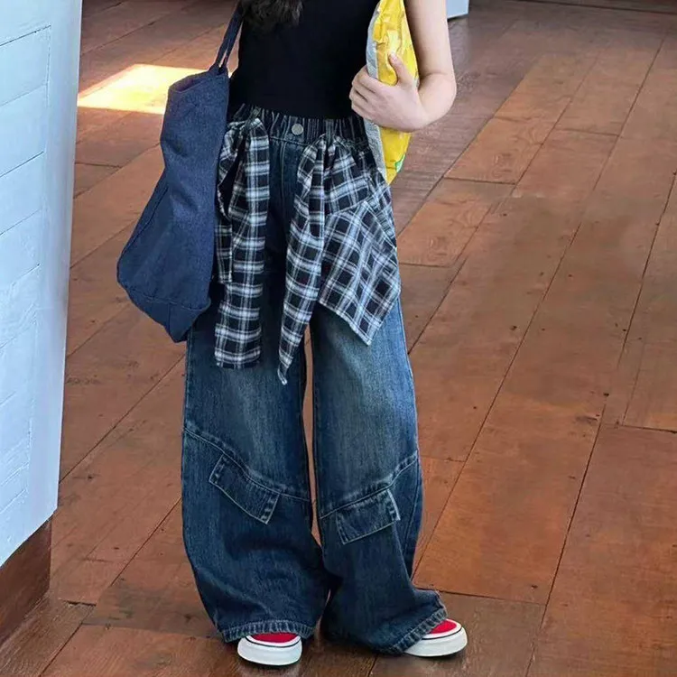 女童裤子春秋装2025新款女孩早秋潮酷牛仔裤儿童阔腿裤外穿高级感