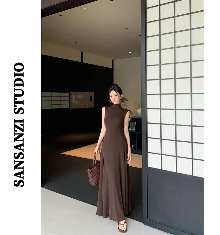 SANSANZI法式复古半高领无袖连衣裙女夏季性感修身收腰A字裙长裙