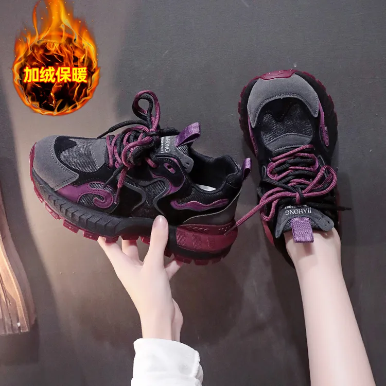 2025新款秋冬款加绒阿甘鞋女鞋拼色显脚小软底防滑休闲运动老爹鞋