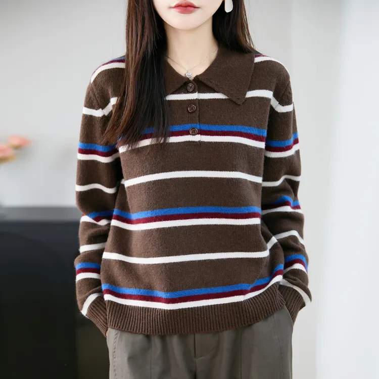 大码品牌正品翻领时尚条纹羊毛针织打底衫女2025新款秋冬