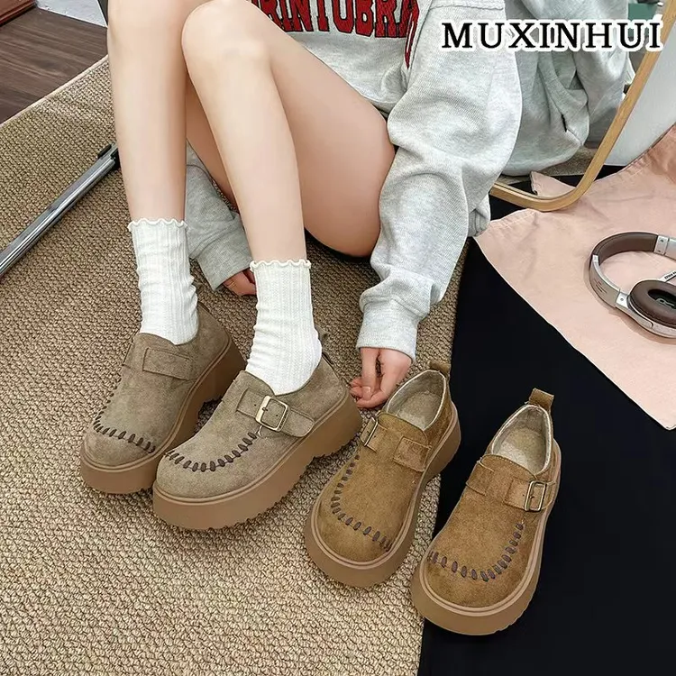 【品牌】复古搭扣厚底乐福鞋百搭2025新牛反绒面厚底勃肯鞋女823