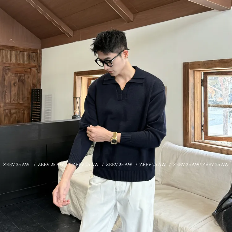 ZEEV【羊毛混纺】新贵老钱简约翻领宽松长袖针织套头冬季毛衣男