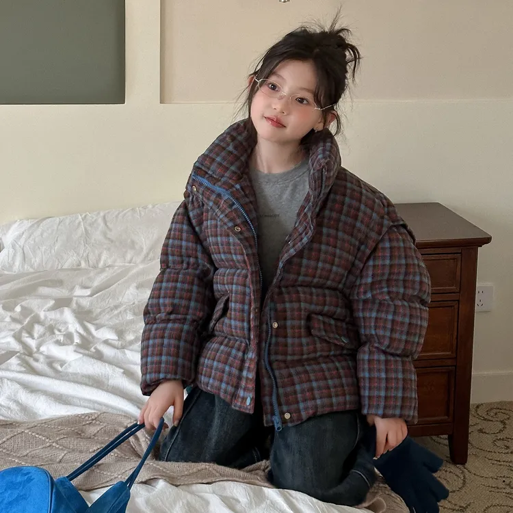 女童冬装格子棉服2025新款冬季大童洋气时髦女孩加厚棉衣儿童棉袄