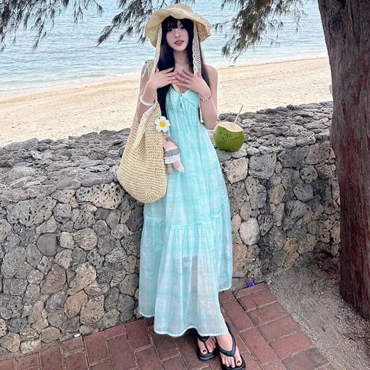 超仙大摆纯欲风V领性感多巴胺露背挂脖吊带仙女长裙海边度假裙子