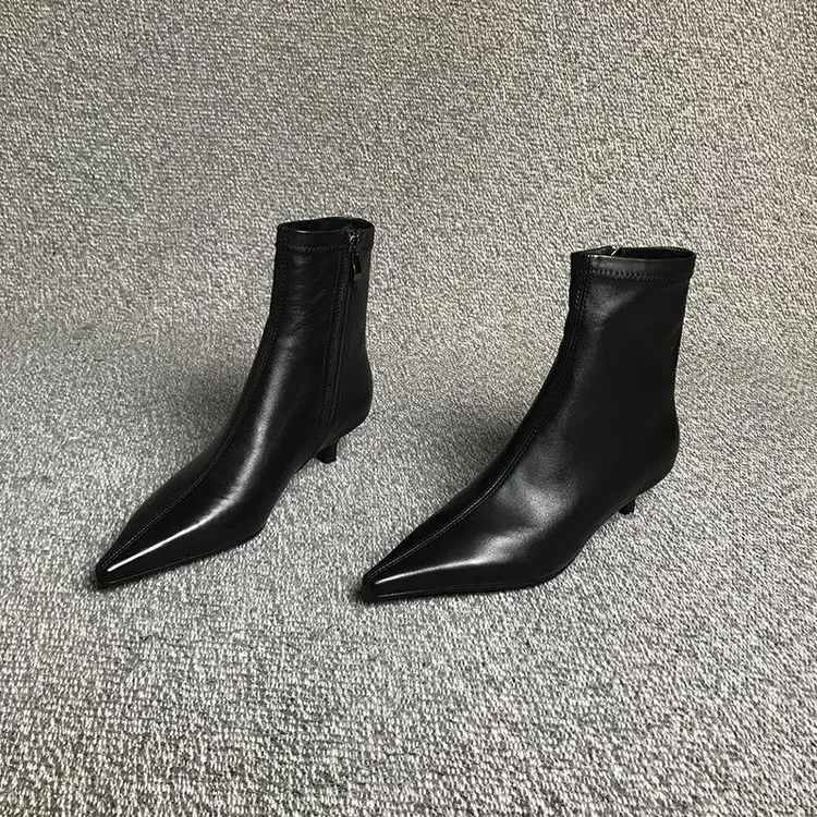 日本 | UKZU羊皮版！尖头短靴女2025秋冬新款女靴侧拉炼炼中跟瘦