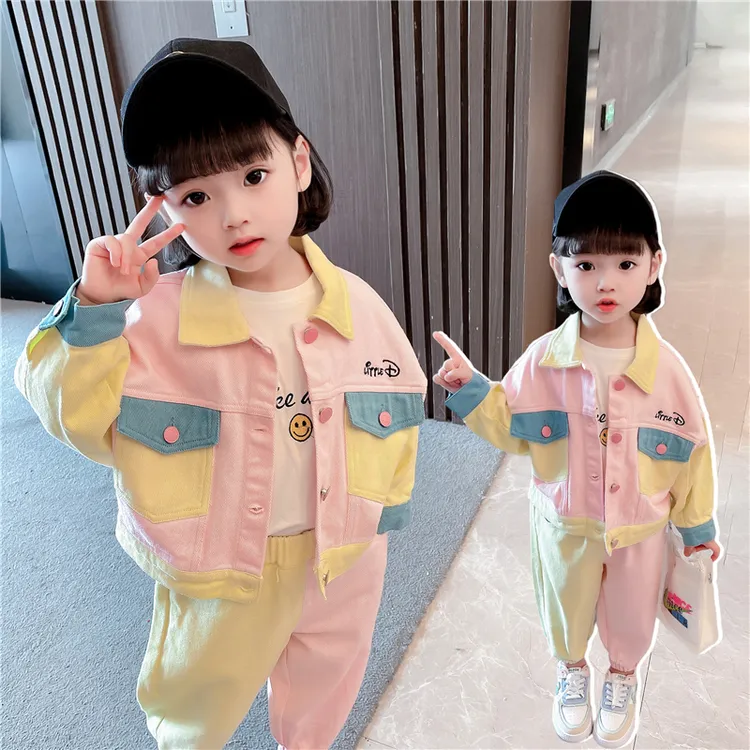 独特洋气时髦儿童休闲套装春秋款潮流韩范女童牛仔衣服两件套秋装