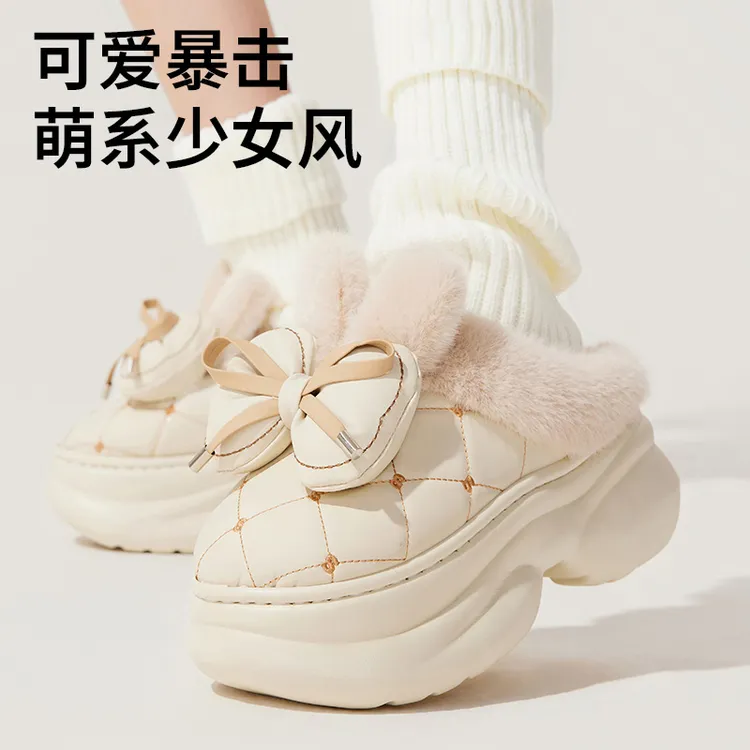 洋山公羊增高防水棉鞋女加绒保暖室内防滑厚底EVA秋冬蝴蝶结棉拖