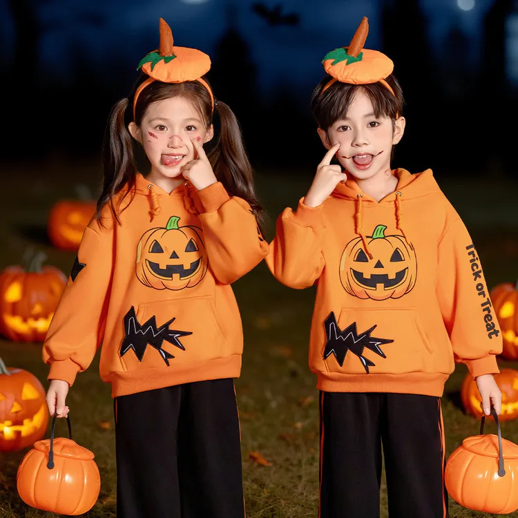万圣节儿童服装2025新款男童女童南瓜卫衣连帽加绒搞怪衣服演出服