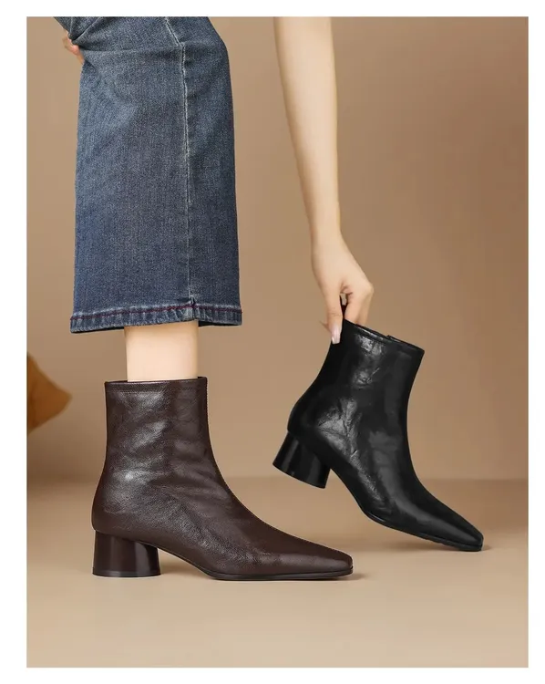 秋冬新款羊皮4cm方头粗跟保暖短靴女马丁靴舒适百搭法式防滑耐磨