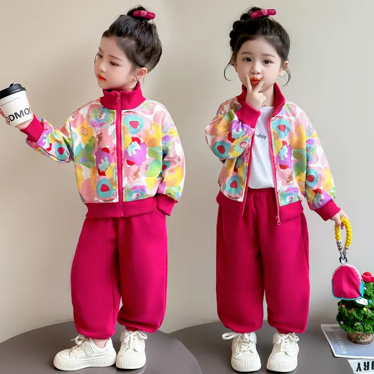 女童花朵立领套装洋气儿童春秋季新款女宝宝休闲两件套小女孩时髦