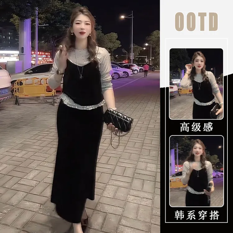 2025秋新款法式气质波点长袖打底衫+黑色吊带马甲+半身裙三件套女