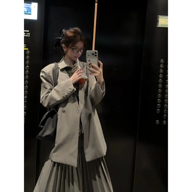 韩系休闲西装套装裙女2025新款灰色西服外套无袖背心半身裙三件套