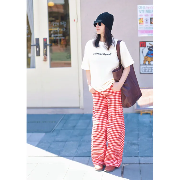 璇之恋·王璇芬奇U型裤(红白格/绿白格）高腰直筒女士设计师格子裤